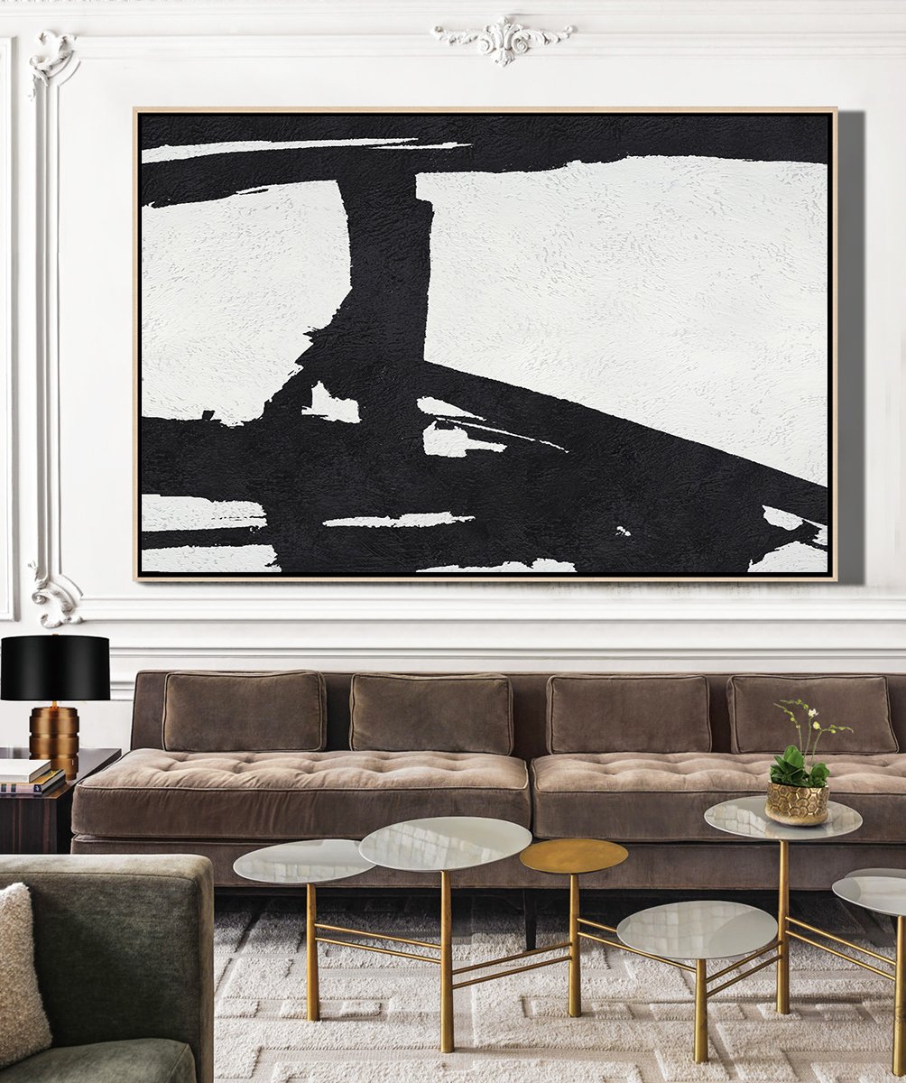 Canvas Artwork For Living Room,Hand Painted Oversized Horizontal Minimal Art On Canvas, Black And White Minimalist Painting - Hand Painted Acrylic Painting